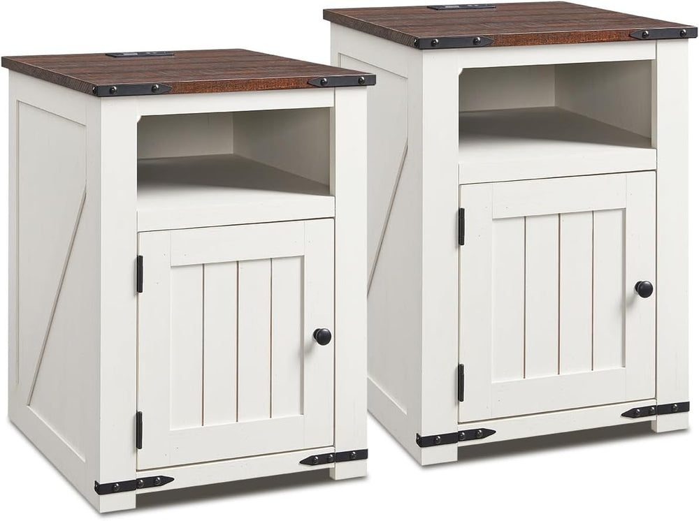 Farmhouse Night Stands Set of 2, 20" End Table w/Charging Station, Rusti...