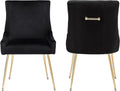 Velvet Dining Chairs Set of 2, Modern Upholstered Kitchen Chair with Pull Handle & Pleated Back, Mid Century Accent Chair with Gold Metal Legs for Vanity,Dining,Kitchen,Living Room, Black