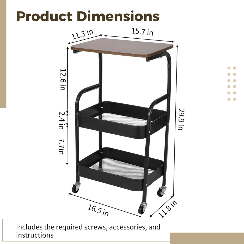 ZALIR 3 Tier Metal Rolling Utility Cart, Movable Storage Trolley with Wooden Table Top, Lockable Wheels, Multifunctional Organizer for Kitchen, Bathroom, Living Room & Bedroom (Black)