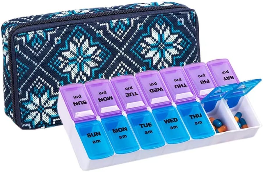 Weekly Pill Organizer 2 Times a Day, Zumd Pill Box 7 Day with Cute Quilted Fabric Zipper Case, Travel Pill Case Am Pm for Vitamin Medicine Organizer