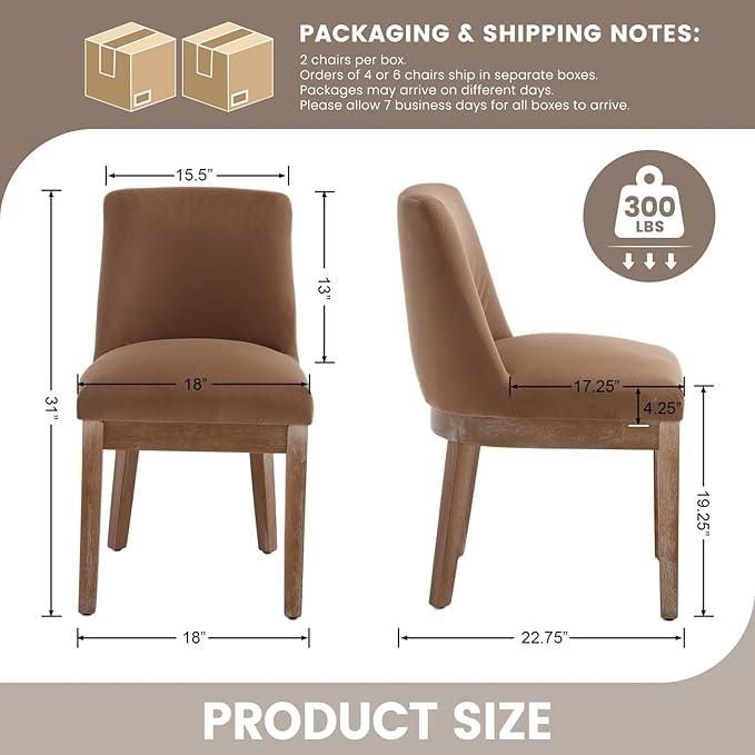 Modern Dining Chairs Set of 2, Comfortable Velvet Fabric Upholstered Kitchen Side Chairs with Back and Wood Legs for Living Room, Khaki