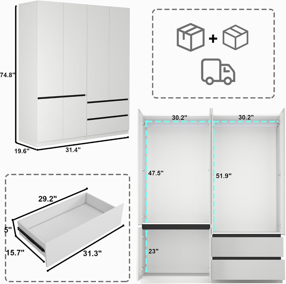 Wardrobe Closet with 4 Doors: 75" White Armoire with 2 Drawers, Wooden W...