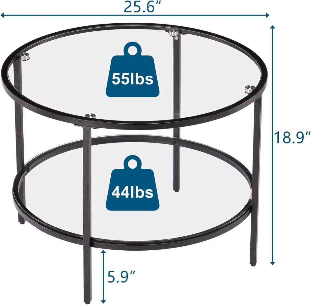 VINGLI 25.6" Glass Coffee Table, Round Coffee Tables for Living Room, Black
