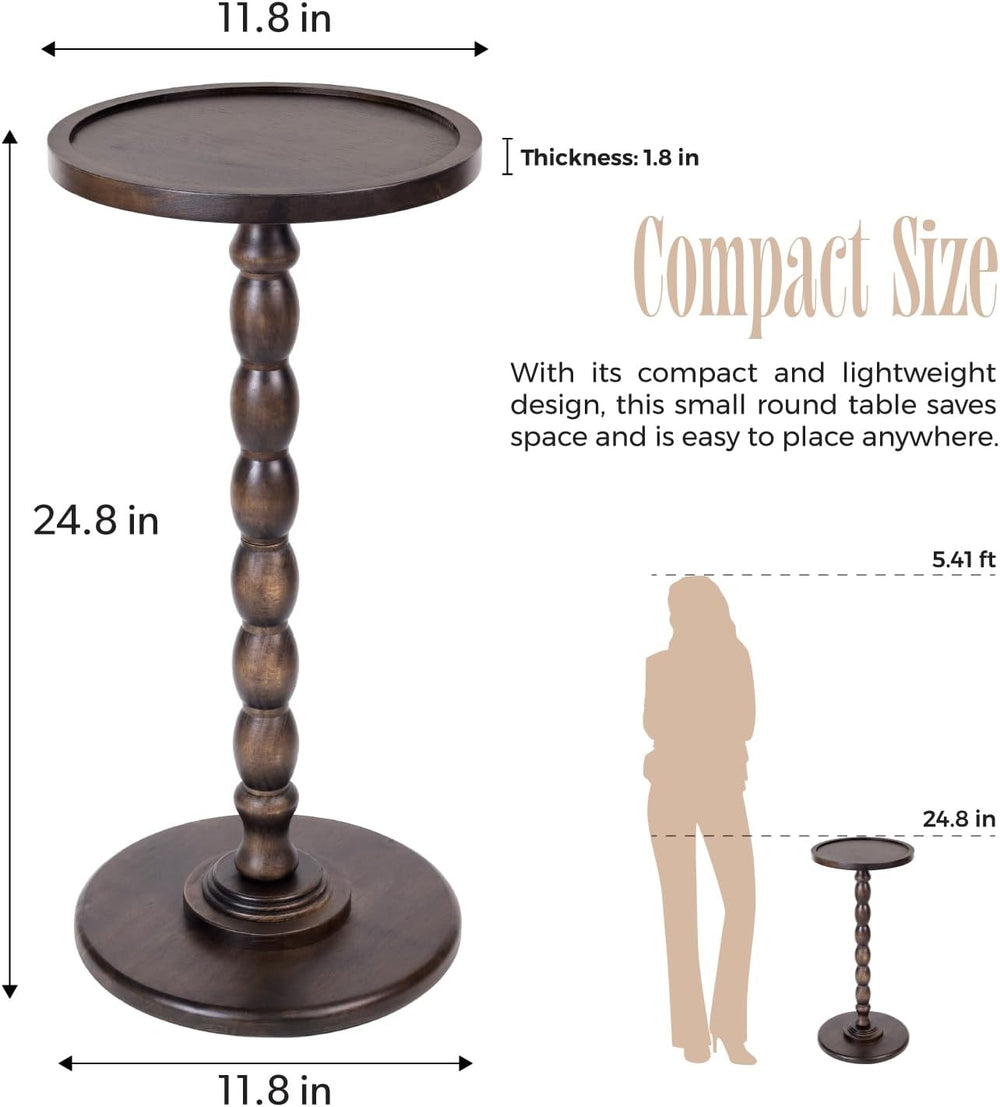 Solid Wood Round Pedestal Side Table with Tray-Top Rim – Bobbin Turned Accent...