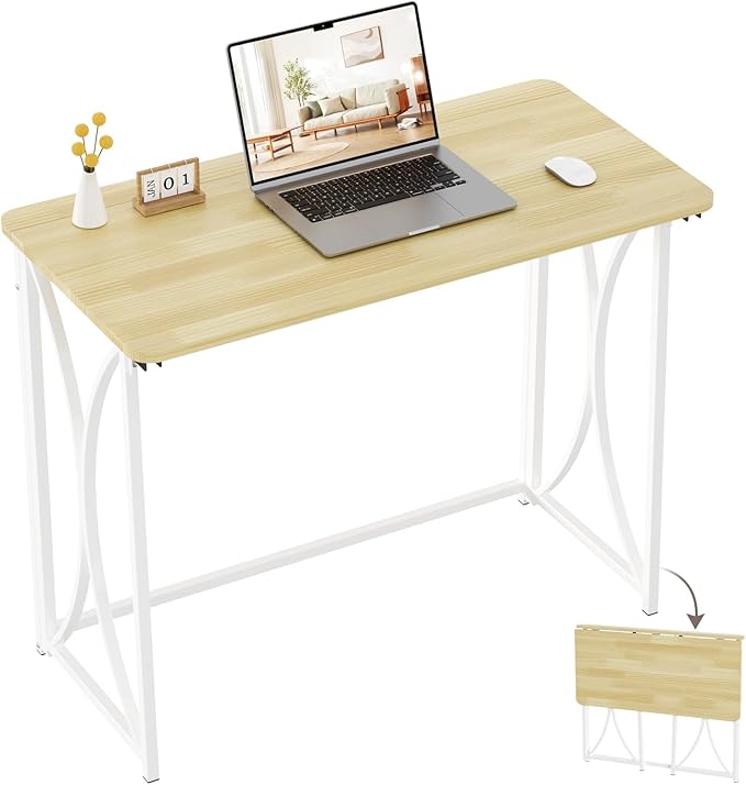 Mini Desk, 31.5" Small Desk for Bedroom, Foldable Desks for Small Spaces & Home Office, Easy Assembly, Beige Floor Patten