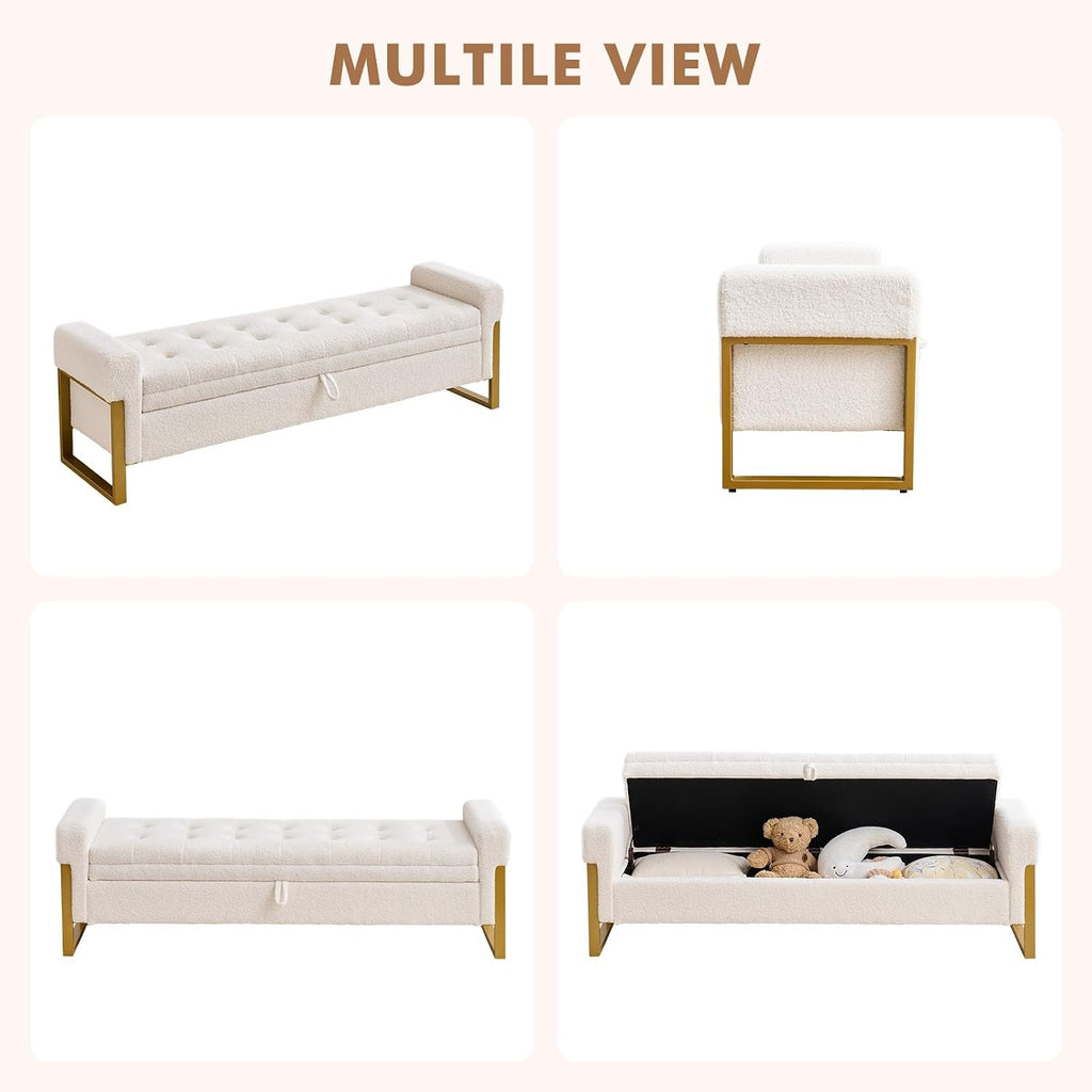 67" Storage Bench for Bedroom, King Size End of Bed Bench, Teddy Upholstered Storage Ottoman Bench with Golden Metal Legs, Bedroom Bench for Entryway, White