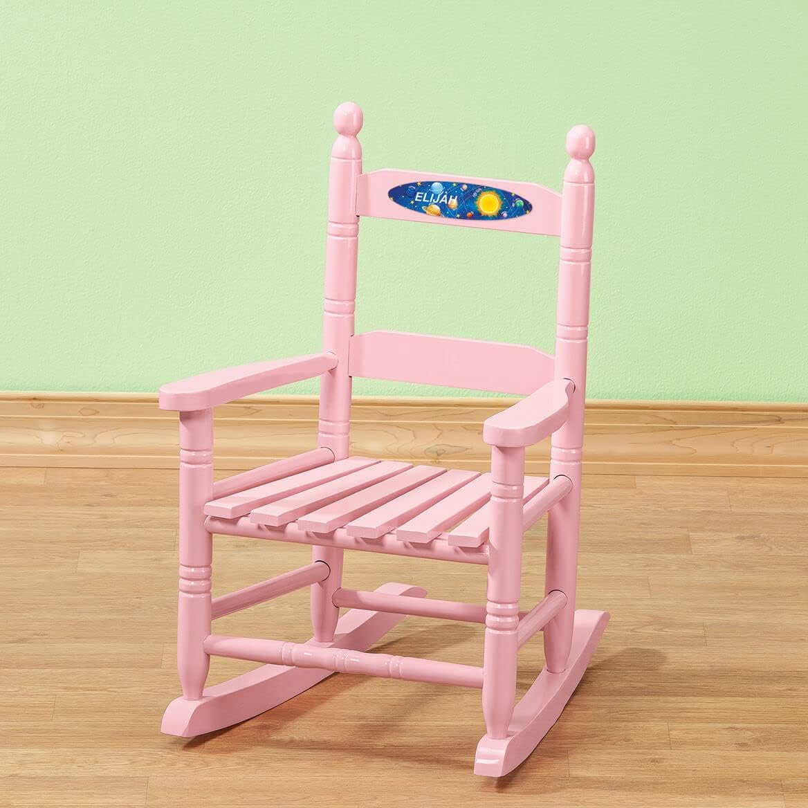 Custom Space-Themed Children's Rocking Chair, Durable Wood - Measures 14 | 1/2" Wide x 11 1/2" Deep; 22 1/2" Overall Height, Pink Font