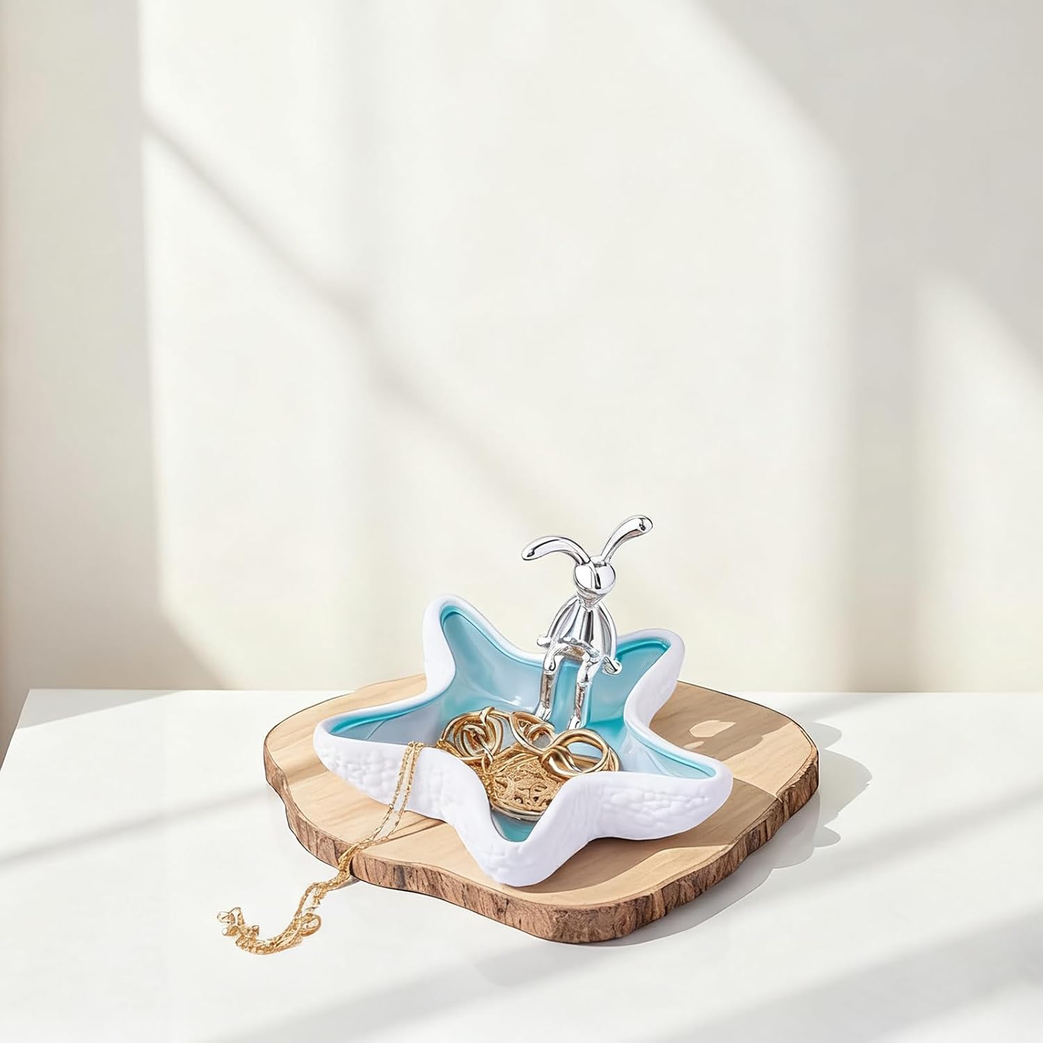 Starfish Ceramic Jewelry Tray, Ocean Themed Trinket Holder for Jewelry Storage, Beachy StDecorative Trinket Ring Dish, Suitable for Mother Friend Sister, Gifts for Women, Home Decor(Sea Blue)