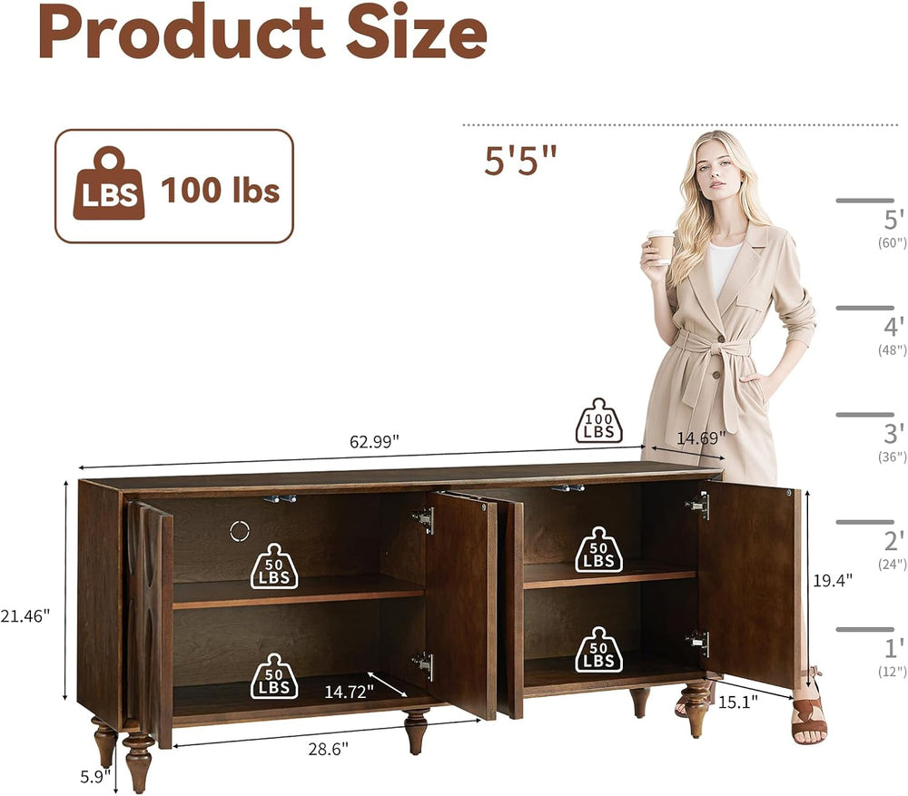 LKTART 62.99" Sideboard Buffet Cabinet with Storage, Solid Wood Kitchen ...