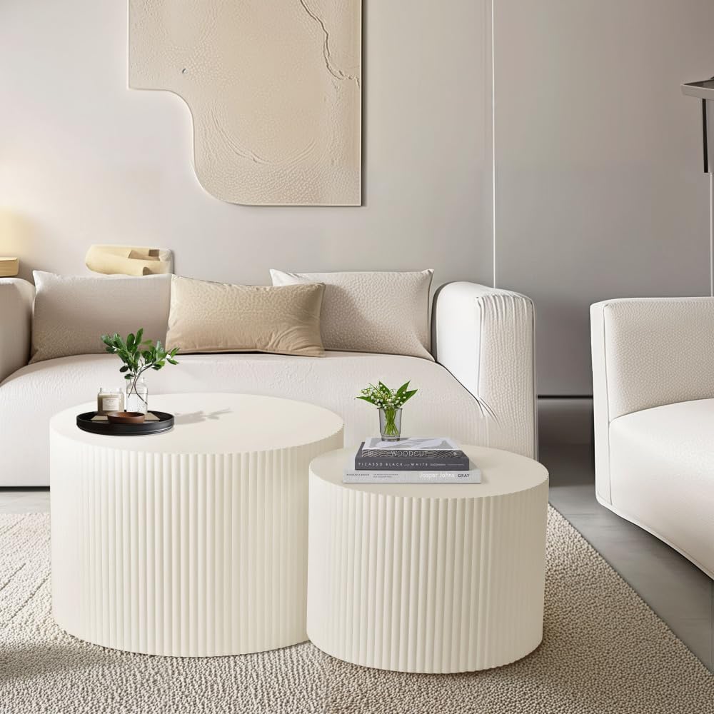 Coffee Table Set of 2, Black MDF Nesting Tables with Wave Stripe Design | Spa...