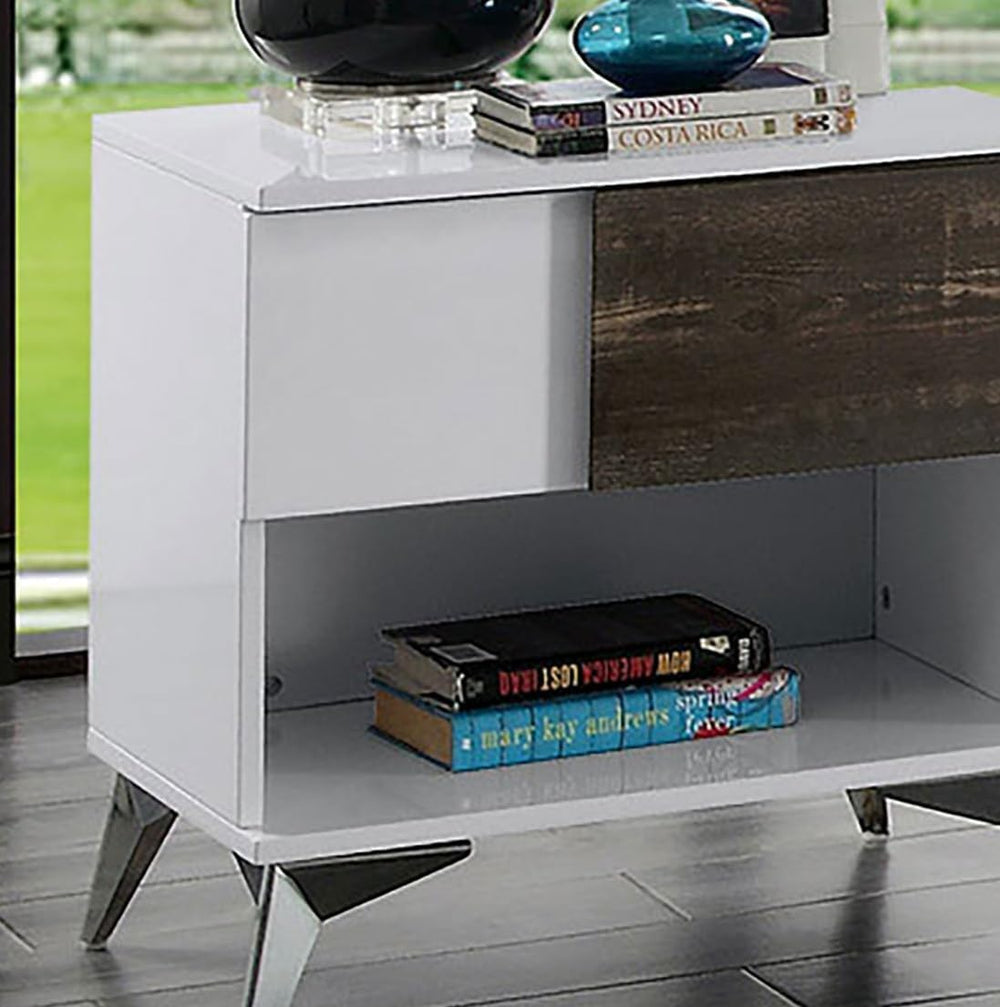 End Table White and Oak Open Shelf Drawer Steel Legs Two Tone High Gloss Wood...