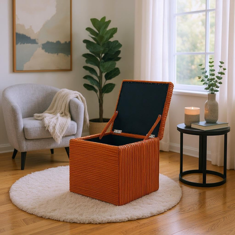 Orange Corduroy Storage Ottoman with Rubber Feet – Compact Soft Cube Seat, 42...