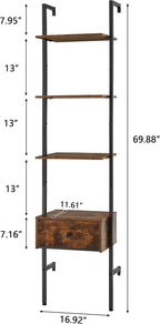 4 Tier Wall Ladder Bookshelf with Drawers, Wall Mounted Shelf, Wooden Wall Ladder Shelf Bookcase, Industrial Ladder Shelf with Storage Shelves for Office, Bedroom, Living Room, Rustic Brown