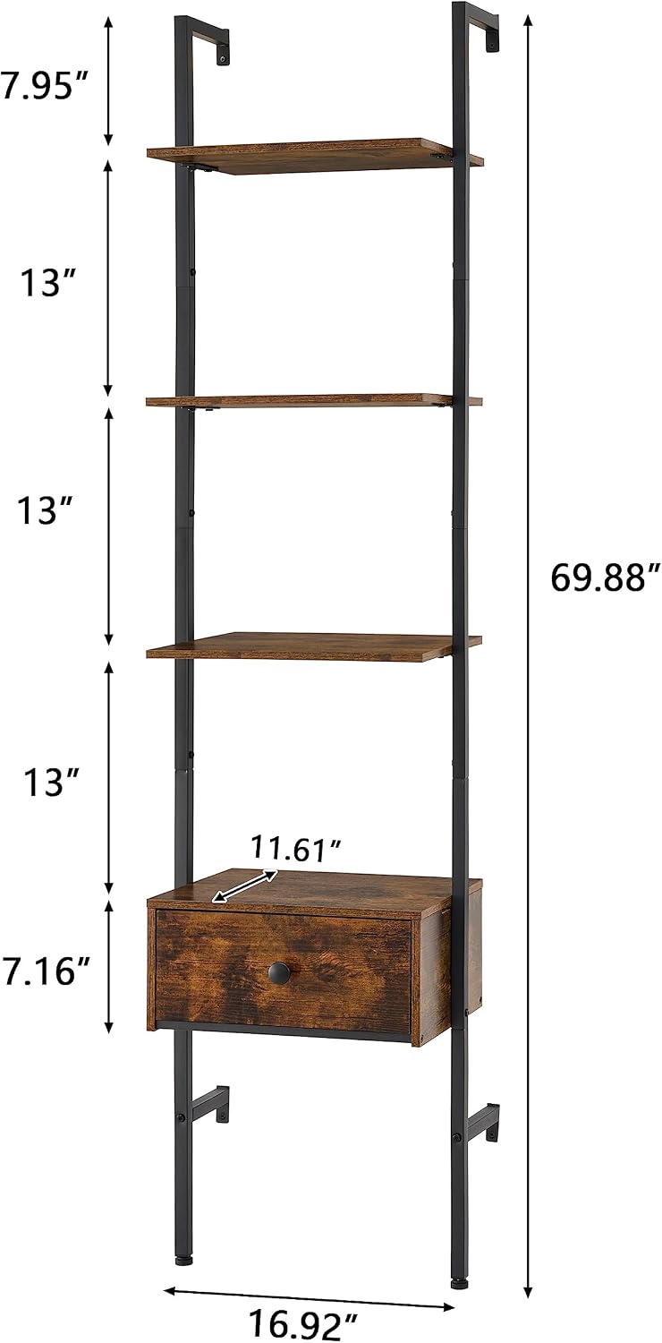 4 Tier Wall Ladder Bookshelf with Drawers, Wall Mounted Shelf, Wooden Wall Ladder Shelf Bookcase, Industrial Ladder Shelf with Storage Shelves for Office, Bedroom, Living Room, Rustic Brown