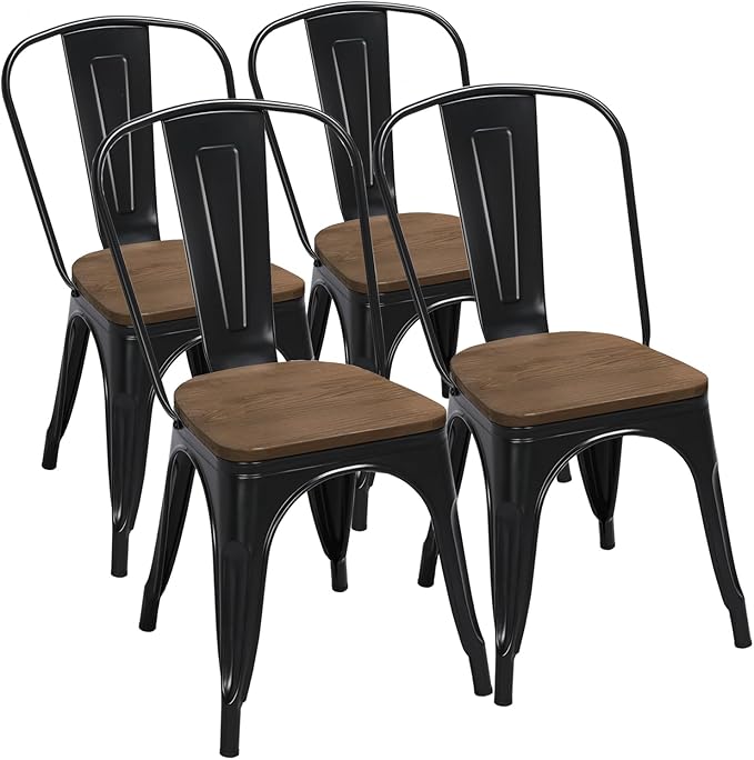 Yaheetech Metal Dining Chairs Set of 4, Industrial Stackable Kitchen Chairs with Wood Top Seat for Dining Room/Restaurant/Bistro/Patio, Indoor & Outdoor Use, Black