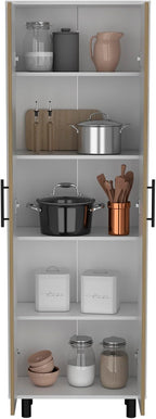 23.6" D*11.8" W*70.9" H White Corner Kitchen Pantry, 5 Adjustable Shelves & Metal Handles, Natural Wood Double Door, Freestanding Storage Cabinet, Modern, for Living Room, Dining Room