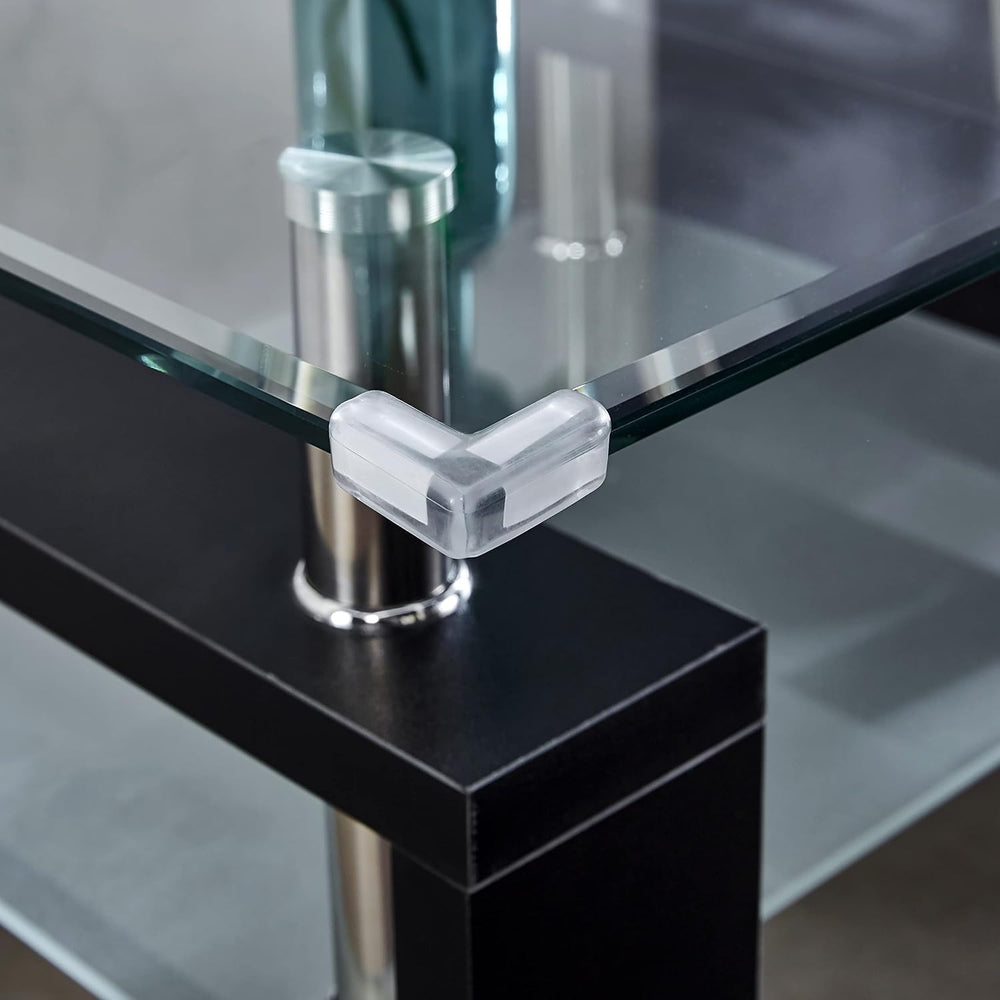 4 Piece Black Living Room Table Set, Rectangular Modern Glass Coffee Table, C...
