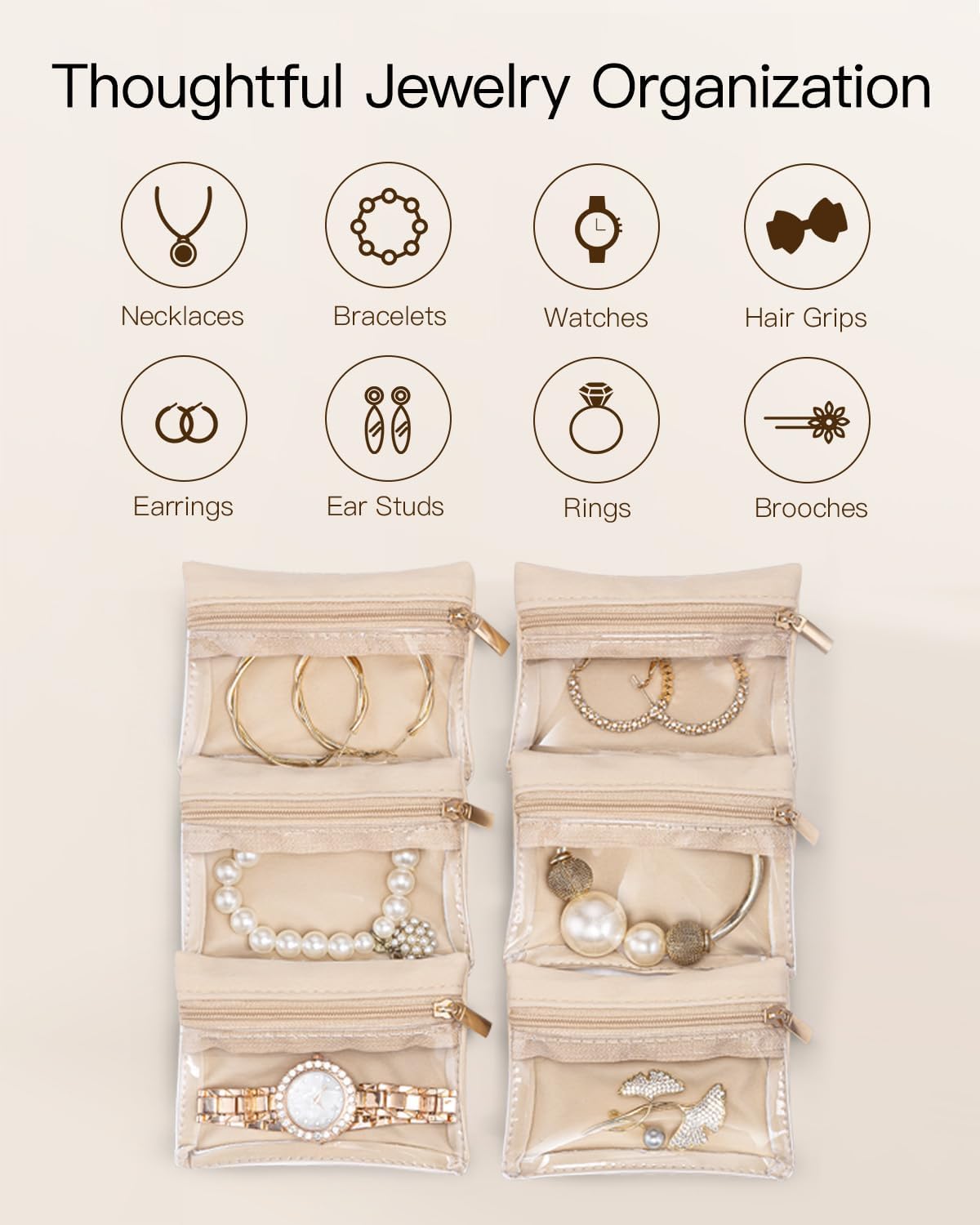 VLANDO Travel Jewelry Case,Valentines Gifts,Small Jewelry Box Organizer,Travel Jewelry Storage with 6 Velvet Jewelry Zipper Pockets, Birthday Gifts for Women Girls (Brown)