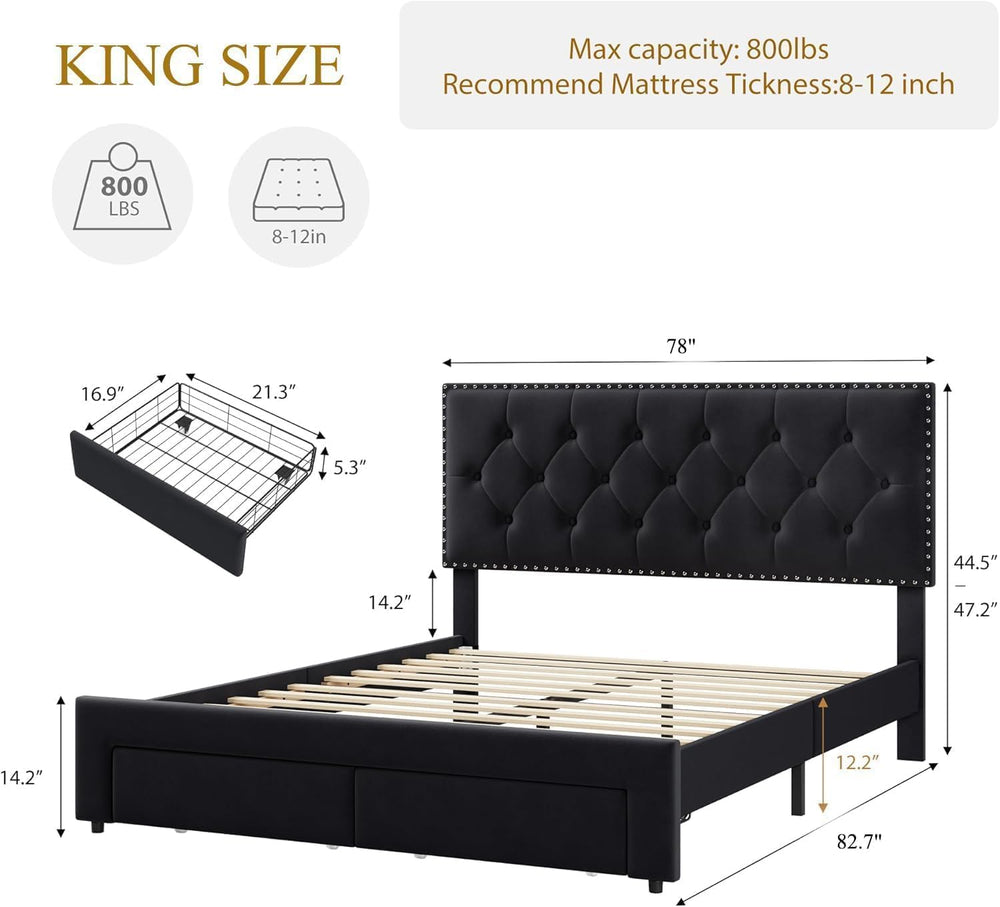 GarveeHome King Size Bed Frame with 2 Drawers, Velvet Headboard, Black