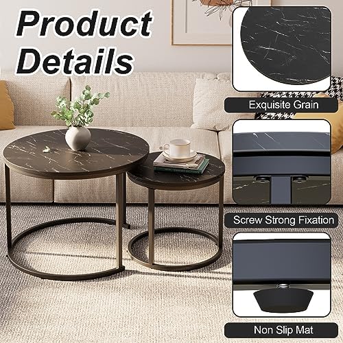aboxoo Round Nesting Coffee Table Side Set of 2 End Tables for Living Room Be...