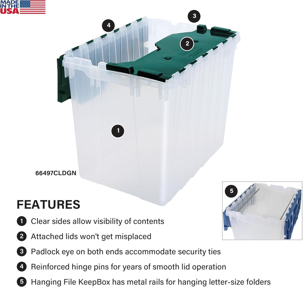 Akro-Mils KeepBox 18 Gallon Storage Container, Nesting and Stackable Plastic Storage Box with Lid Attached, Clear Tote for Garages, Closets, and Moving, 21" x 15" x 17", Clear/Green, 3-Pack