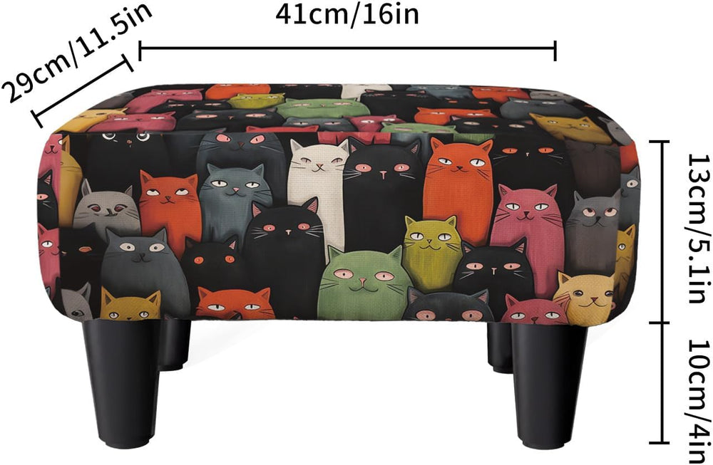 Cartoon Cat Print Square Linen Small Footstool Ottoman for Living Room