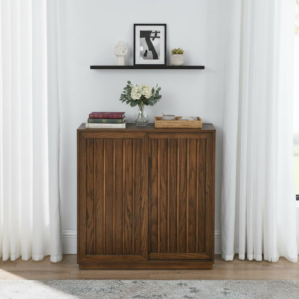 Mid Century Modern Sideboard Cabinet | Slim Fluted Credenza with Sliding Door...
