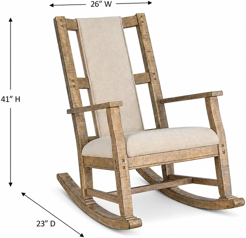 Pemberly Row Mahogany Rocking Chair with Cushioned Seat and Back, Studded Accents, Smooth Rocking Motion, Beige