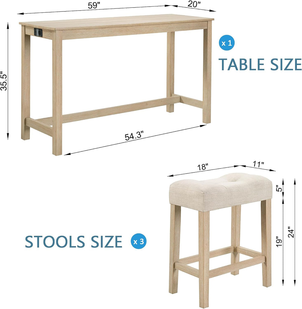 LKTART Bar Table and Chairs Set of 4, Bar Height Dining Table Set with Power ...