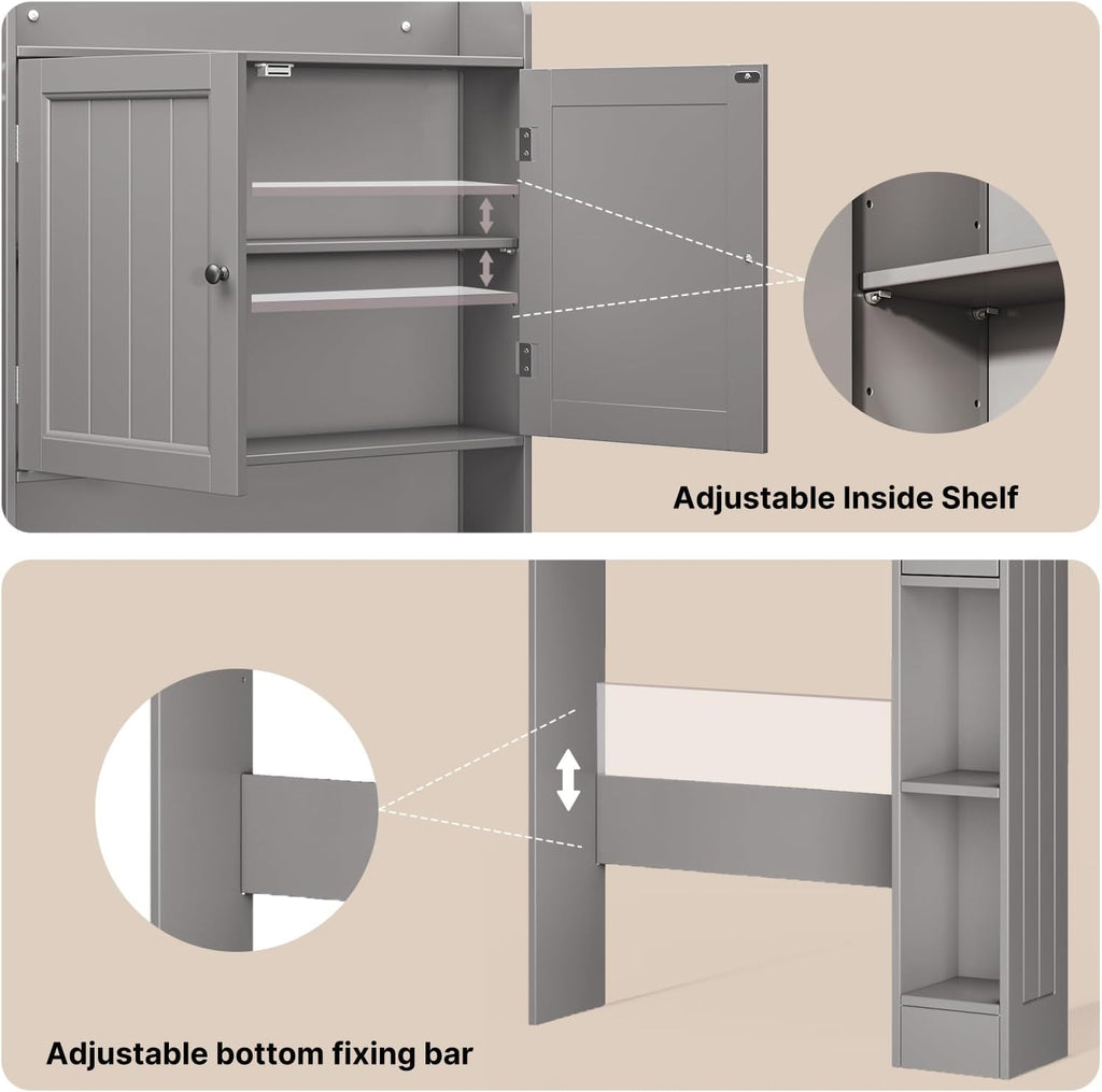 Ahomly Over The Toilet Storage Cabinet, 32.3" W Over Toilet Bathroom Organizer with Doors, Adjustable Shelves, Toilet Paper Holder, 2 Side Hooks, Space-Saver for Bathroom, Laundry, Grey