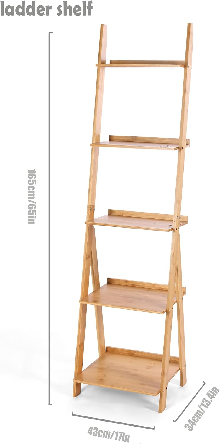 Corner Ladder Shelf Storage Shelving, 5 Tier Books/CDs/Albums/Files Holder in Living Room Home Office,Simple Assembly