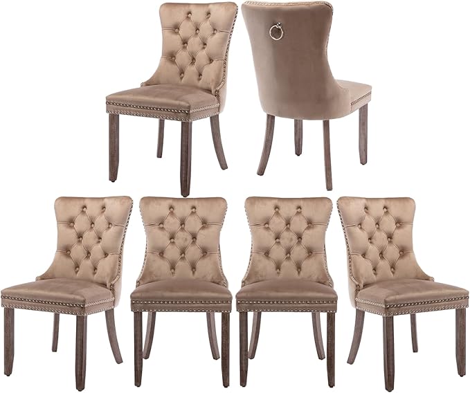 Velvet Dining Chairs Set of 6, Tufted Upholstered Dining Room Chairs with Back Ring Pull, Nailhead Trim and Solid Wood Legs, Modern Dining Chairs for Dining Room, Kitchen(Khaki)