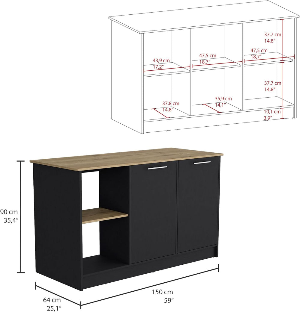 Kitchen Island with Large Top Surface and Double Door Cabinet Black / | Inclu...