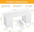 White Computer Desk with Drawers on Both Sides for Home Office, 55 inch Girls Teens Desks with Storage Writing Study Table for Bedroom, Makeup Vanity Desks Without Mirror,8 Fabric Drawer