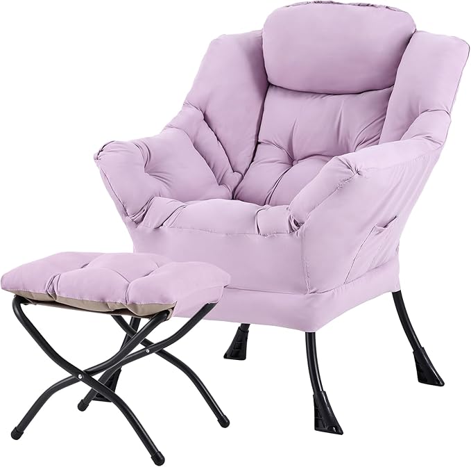 Tiita Lazy Chair with Ottoman, Modern Large Accent Lounge Armchair, Comfy Leisure Sofa Reading Chair with Footrest for Bedroom, Living Room, Dorm Rooms, Garden and Courtyard, Purple
