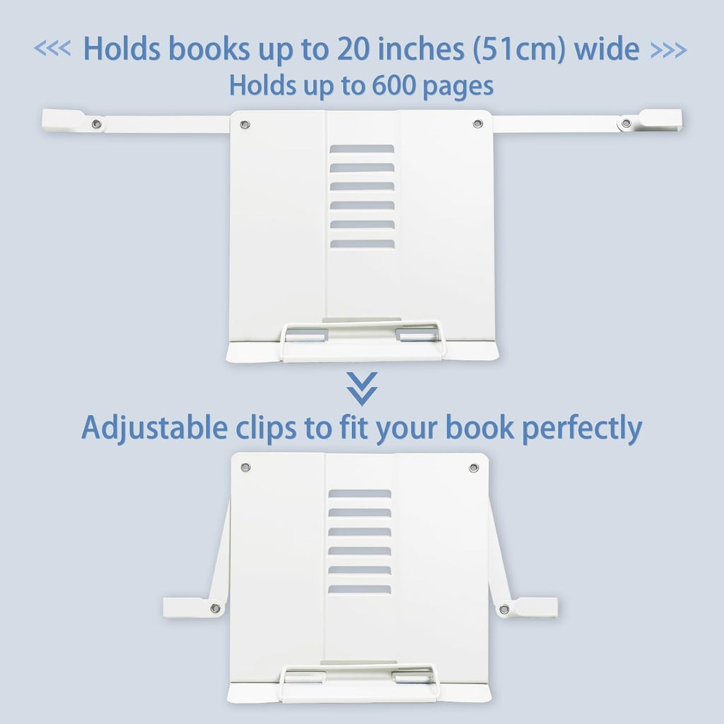 Metal Desk Book Stand for Reading with Adjustable Clips, Hands-Free Foldable Book Holder for Kids, Portable Document Stand for Desk, Display Stand for Recipes, Cookbooks, Tablets - White