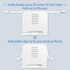 Metal Desk Book Stand for Reading with Adjustable Clips, Hands-Free Foldable Book Holder for Kids, Portable Document Stand for Desk, Display Stand for Recipes, Cookbooks, Tablets - White
