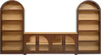 3-Piece Retro TV Stand Set with Bookshelf, Entertainment Center with Arched Design for TVs up to 70'', Farmhouse Media Console with Tempered Glass Doors for Living Room, Walnut