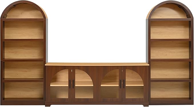 3-Piece Retro TV Stand Set with Bookshelf, Entertainment Center with Arched Design for TVs up to 70'', Farmhouse Media Console with Tempered Glass Doors for Living Room, Walnut