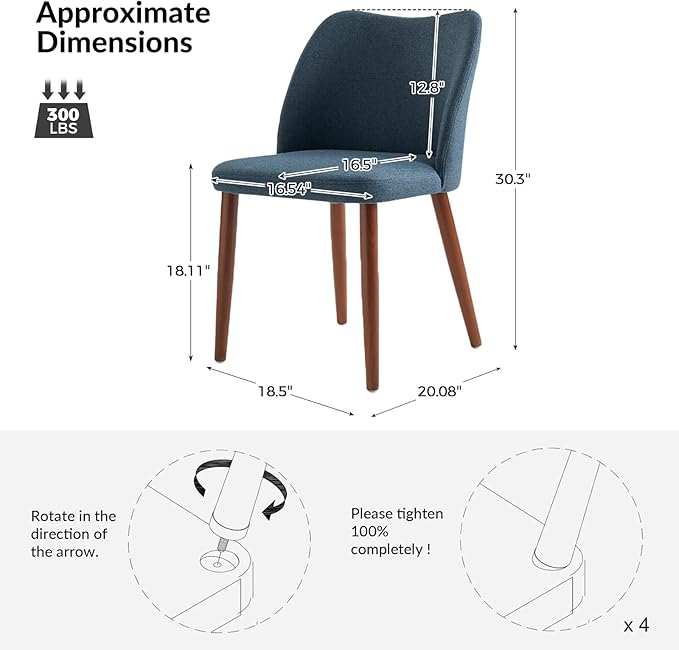 Dining Chairs Set of 6, Upholstered Kitchen Dining Room Chair Set Morden Accent Side Dinner Chair with Curved Padded Back Wood Legs for Restaurant/Cafe, Navy