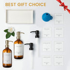 Glass Soap Dispenser for Kitchen, Farmhouse Dish & Hand Soap Dispenser Set, Rustproof Pump Bathroom Soap Lotion Dispenser with Tray, Waterproof Label for Kitchen Decor(Amber