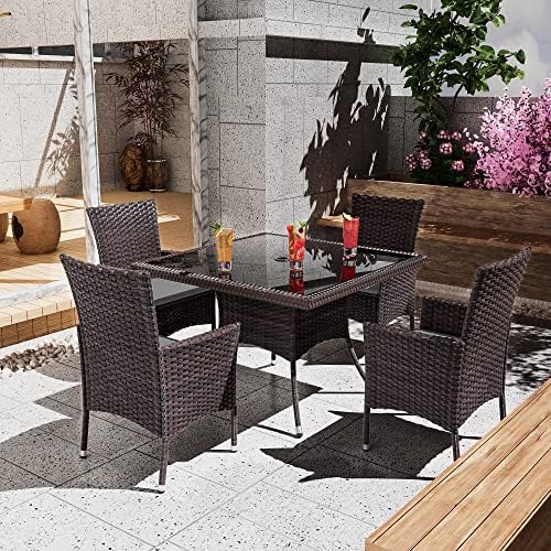 5 Pieces Dining Sets for 4 with Rattan Wicker Dining Set Chairs and Square Ta...
