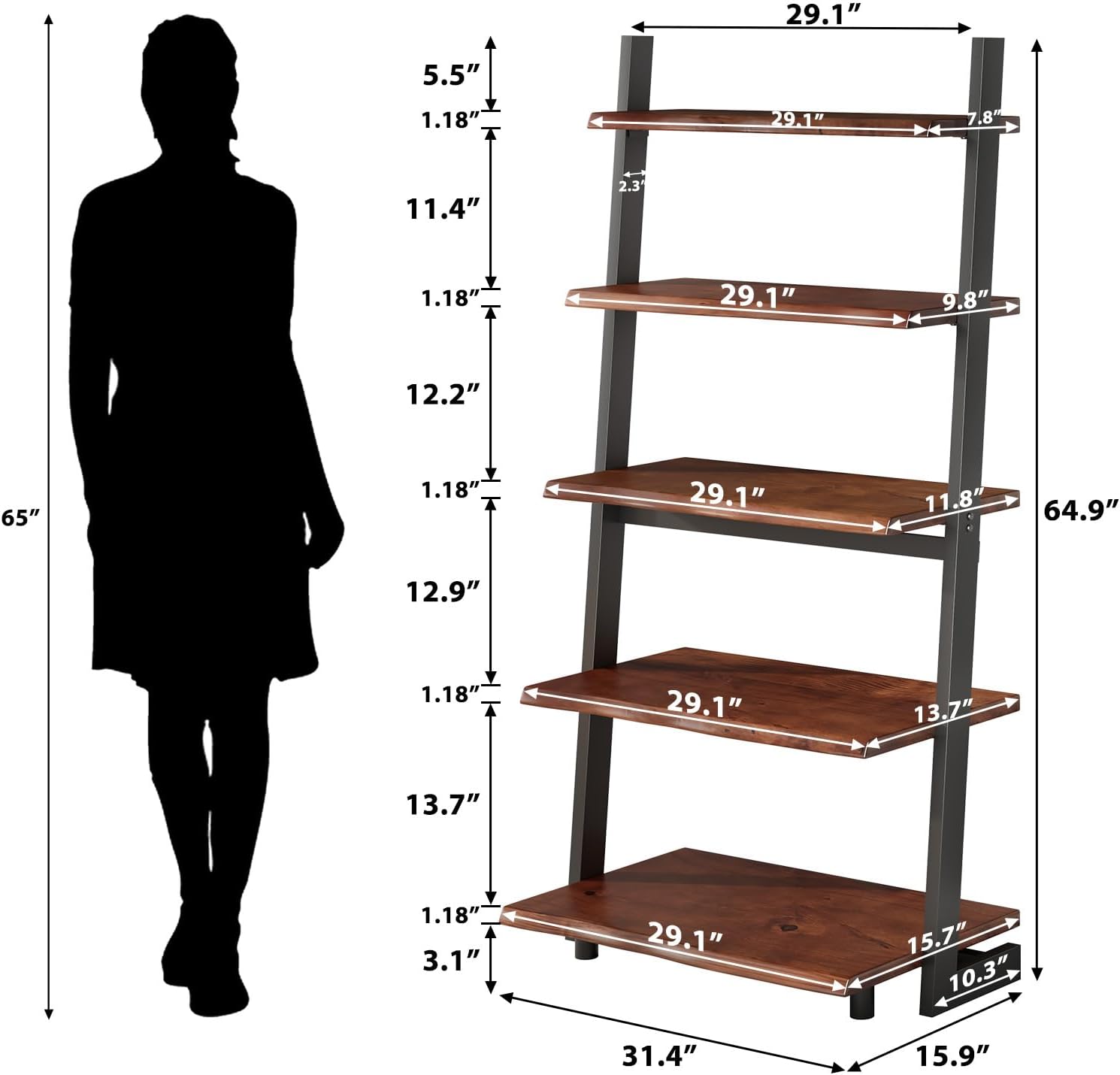 5-Tier Solid Wood Ladder Bookshelf with Natural Live Edge | Rustic Walnut Storage & Display Leaning Bookcase, Modern Space-Saving Shelf for Living Room, Bedroom, Home Office