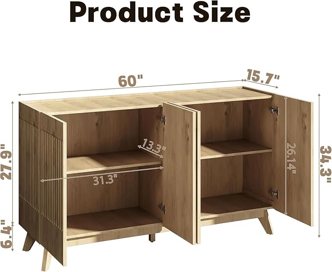 65" Large Sideboard Buffet Cabinet with Storage, Set of 2 Modern Fluted Credenza Buffet Tables with Doors & Adjustable Shelves for Living Room, Kitchen, or Dining Room, Natural Oak
