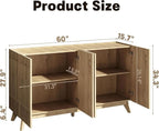 65" Large Sideboard Buffet Cabinet with Storage, Set of 2 Modern Fluted Credenza Buffet Tables with Doors & Adjustable Shelves for Living Room, Kitchen, or Dining Room, Natural Oak