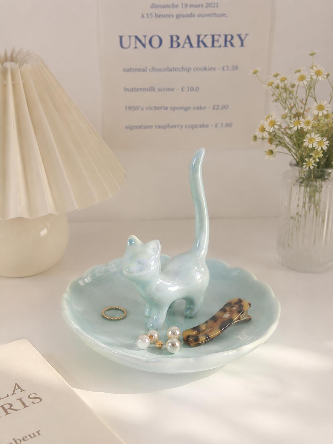 Cat Ring Holder Jewelry Dish–Ceramic Trinket Tray for Rings,Earrings,Necklaces & Bracelets,Cute Cat Jewelry Organizer for Vanity,Nightstand,Dresser,Birthday Gift for Women,Girls Cat Lovers