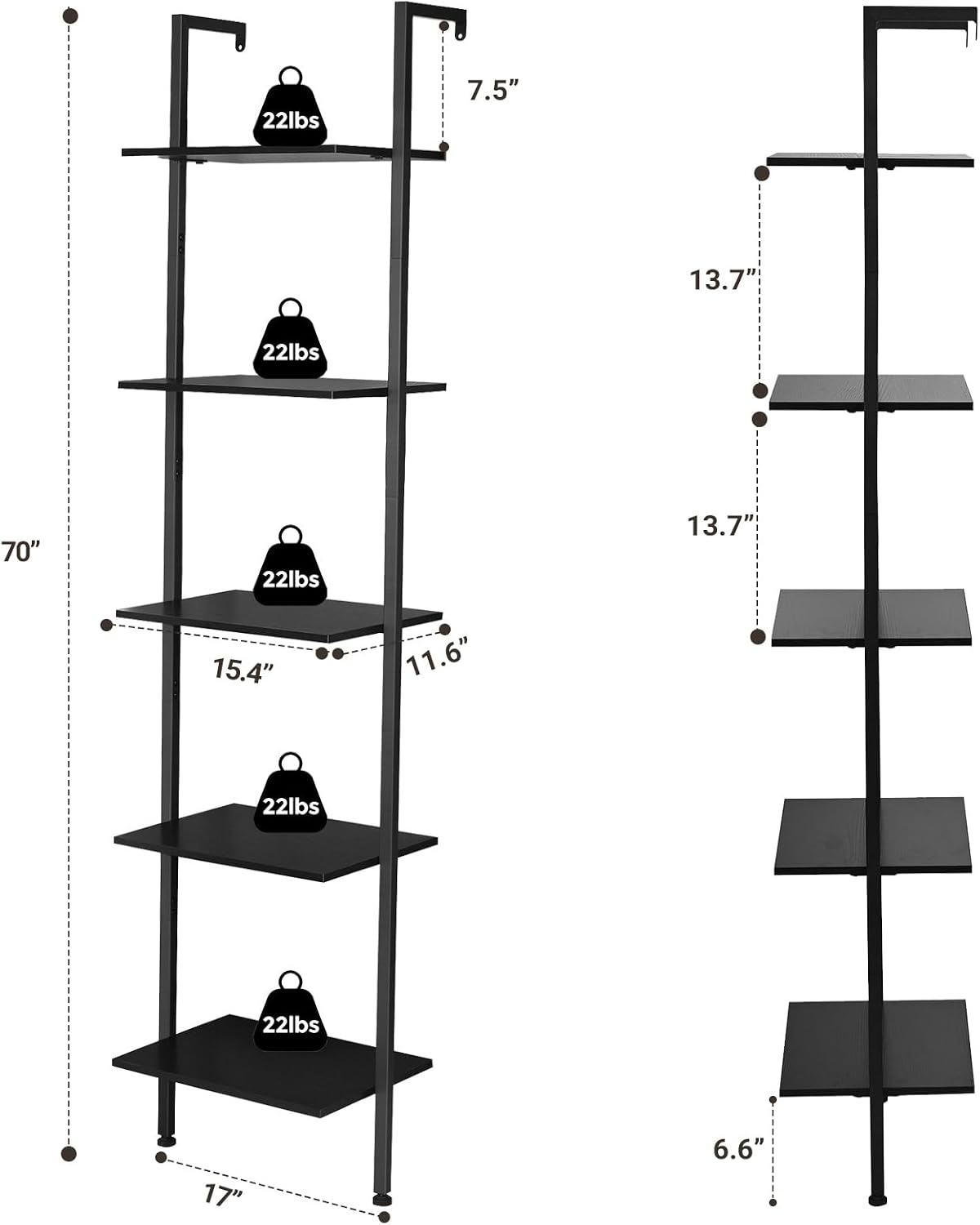 ELYKEN Ladder Shelf, 5-Tier Wood Wall Mounted Ladder Bookshelf | Leaning Storage Shelves with Metal Frame, Vintage Open Display Organizer Rack for Living Room, Bedroom, Home Office, Black