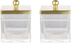Glass Cotton Jar Holder 2 Pack– Brushed Gold Lid, Elegant Bathroom Storage Canister for Qtips, Cotton Balls, Floss, Makeup Organizer, Vanity & Bathroom Organization