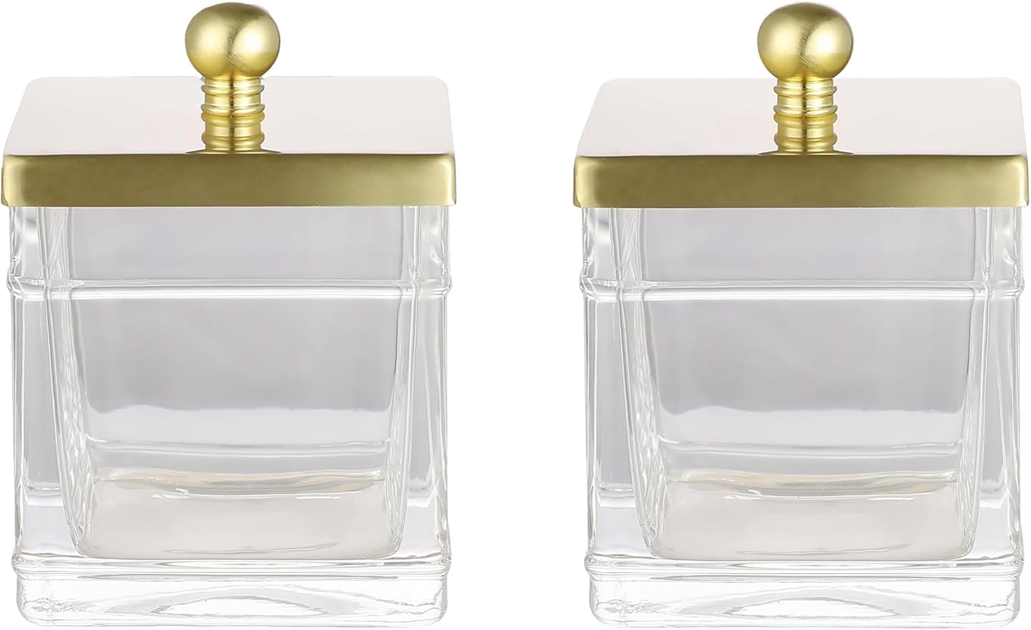 Glass Cotton Jar Holder 2 Pack– Brushed Gold Lid, Elegant Bathroom Storage Canister for Qtips, Cotton Balls, Floss, Makeup Organizer, Vanity & Bathroom Organization