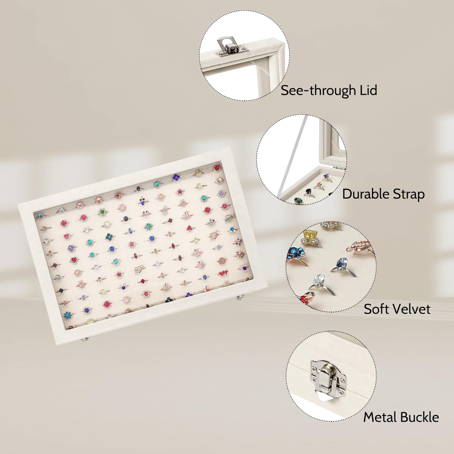 Stratalife Jewelry Organizer Ring Storage Display Tray with Clear Glass Lid Velvet Jewelry Showcase Ring Box for Multiple Rings Drawer Display 100 Slot (Beige)